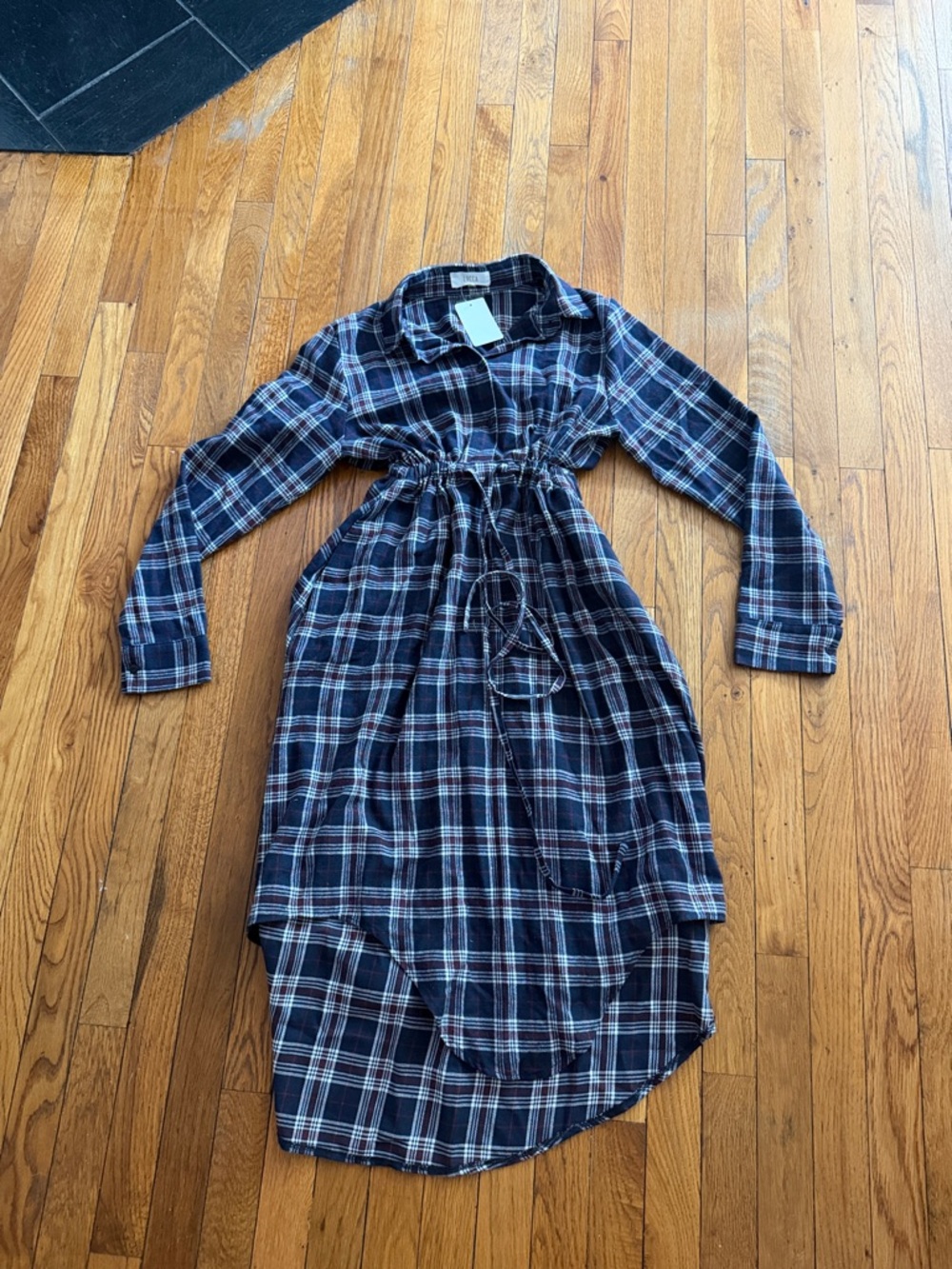 Plaid Button-Front Shirt Dress in Navy and White